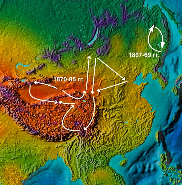 Карта маршрутов Николая Михайловича Пржевальского в Центральной Азии
